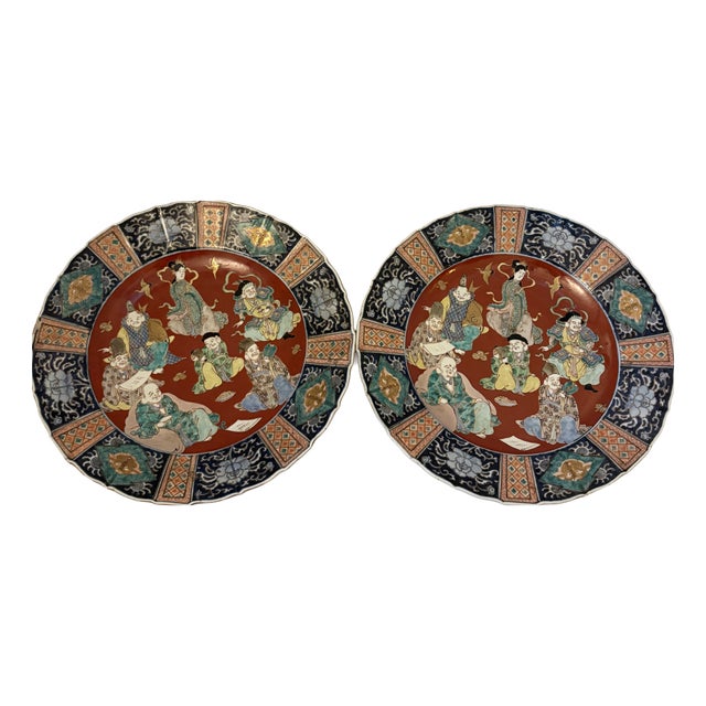 Large Antique Japanese Imari Porcelain Chargers with Seven Lucky Gods, 1880, Set of 2 For Sale