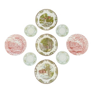 Late 20th Century Friendly Village, Brown, Green and Red Plate Wall Grouping- Set of 9 For Sale