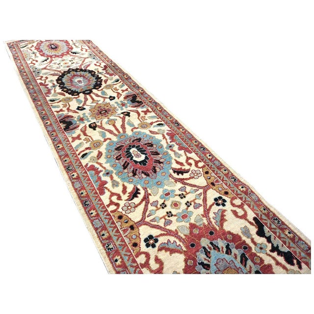 Ivory 21st Century Afghan Wool Sultanabad 3x12 Ivory, Red, & Blue Handmade Runner Rug #1143661 For Sale - Image 8 of 13