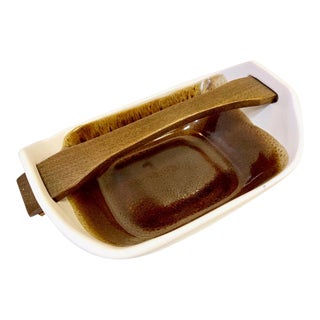 1950s Scandinavian Handmade Ceramic Dish With Wooden Handle For Sale