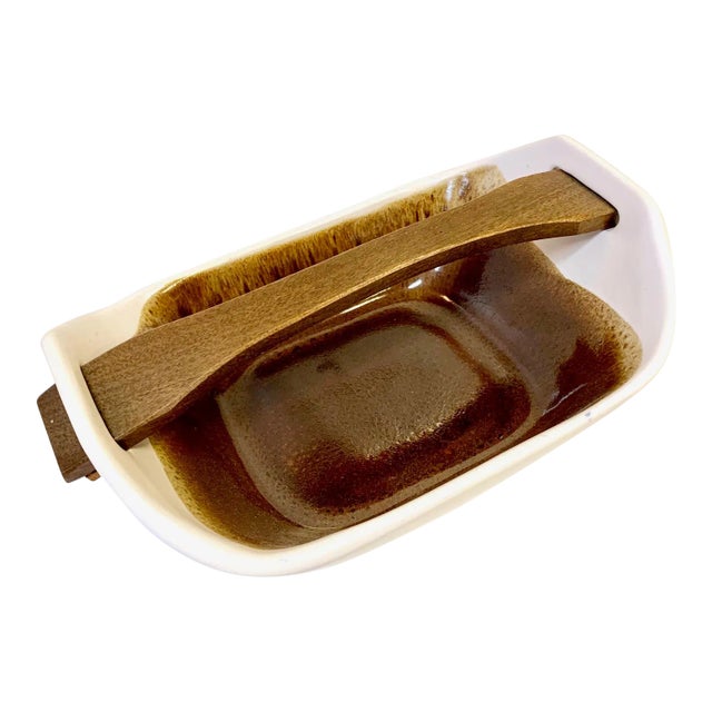 1950s Scandinavian Handmade Ceramic Dish With Wooden Handle For Sale