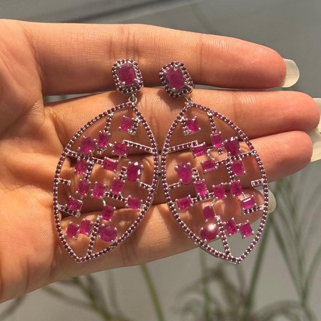 Ruby Red Art Deco Geometric Ruby Lattice Drop Earrings in 925 Sterling Silver, A Pair For Sale - Image 8 of 11