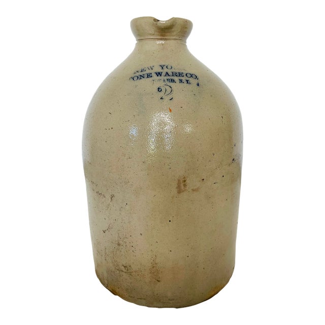 Antique Stoneware New York Handled Tall 2 Gallon Jug For Sale