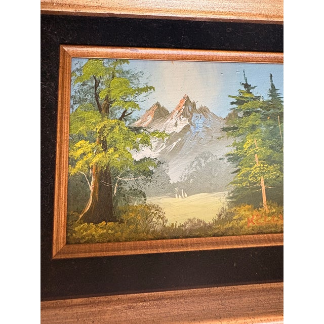 Vintage Mid-Century Modern Mountain Lake Oil Painting Signed Kelly Wood Velvet Frame For Sale - Image 9 of 10
