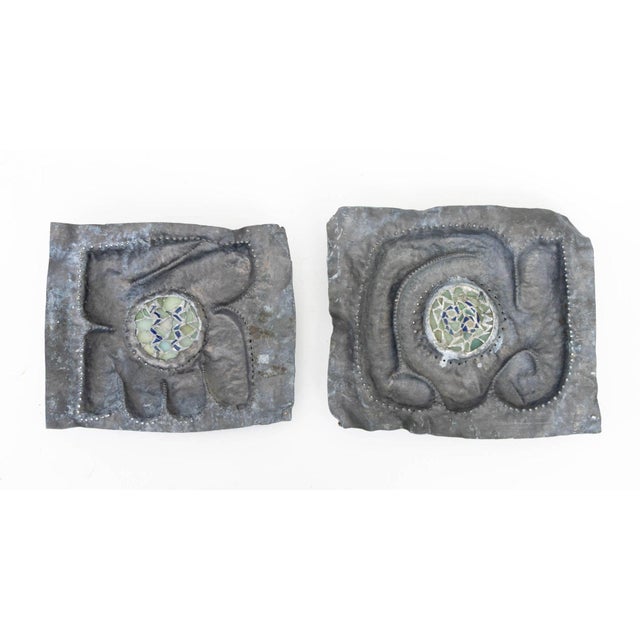 Set of Twelve Mid-Century Modern Glass and Metal Panels, each with glass shards from bottles in green and blue set in a...