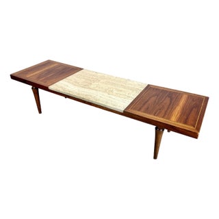 Mid Century Modern Travertine and Walnut Coffee Table For Sale