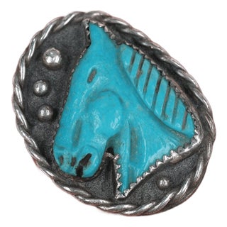 sz8.75 Vintage Navajo silver Carved horse head turquoise ring For Sale