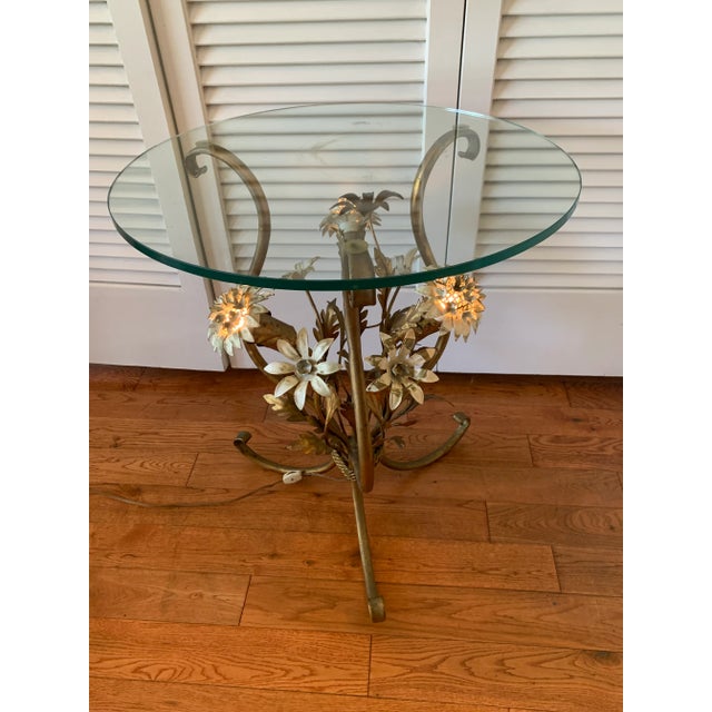 Vintage Italian Tole Table Lit from Below w/ Floral Hydrangea Blossoms. Lovely example of Italian toleware that combines...