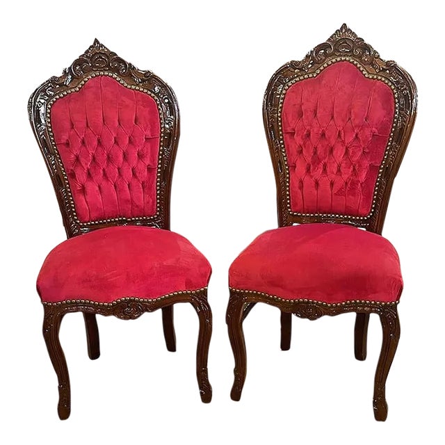 French Style Red Velvet Upholstered Dining Chair - Set of 2 For Sale
