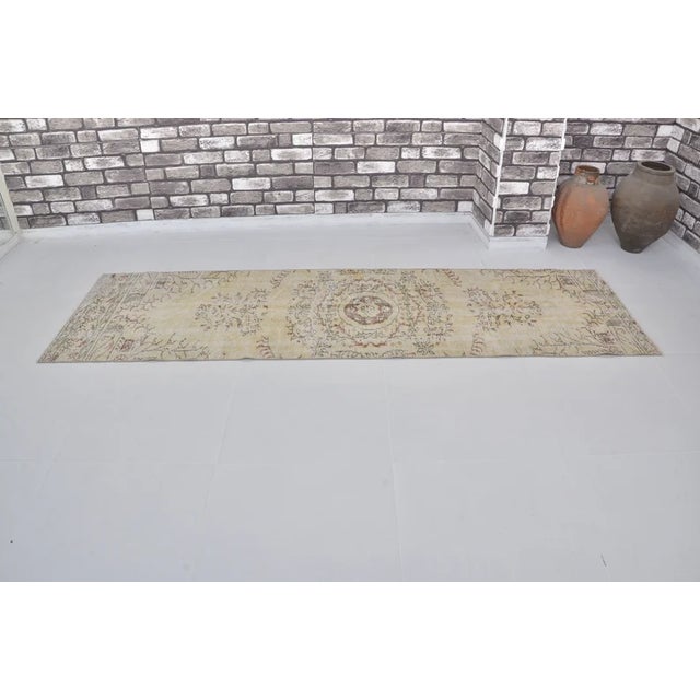 Textile Vintage Hand-Knotted Turkish Runner, Detailed Cream and Yellow Anatolian Rug For Sale - Image 7 of 10