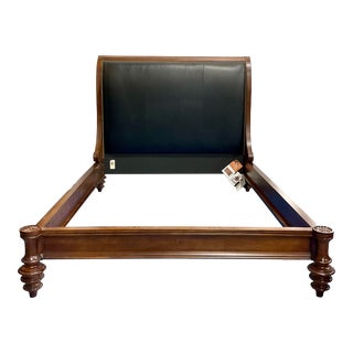 Century Transitional Black Leather Napoleon Queen Bed For Sale