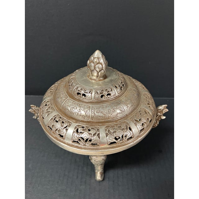 Late 20th Century Chinese Art Silver Gilt Bronze Metal Incense Burner For Sale - Image 11 of 11