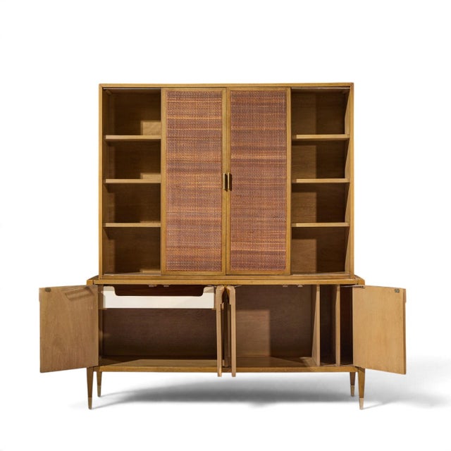 American of Martinsville Mid Century Walnut and Cane Credenza With Hutch For Sale - Image 12 of 13