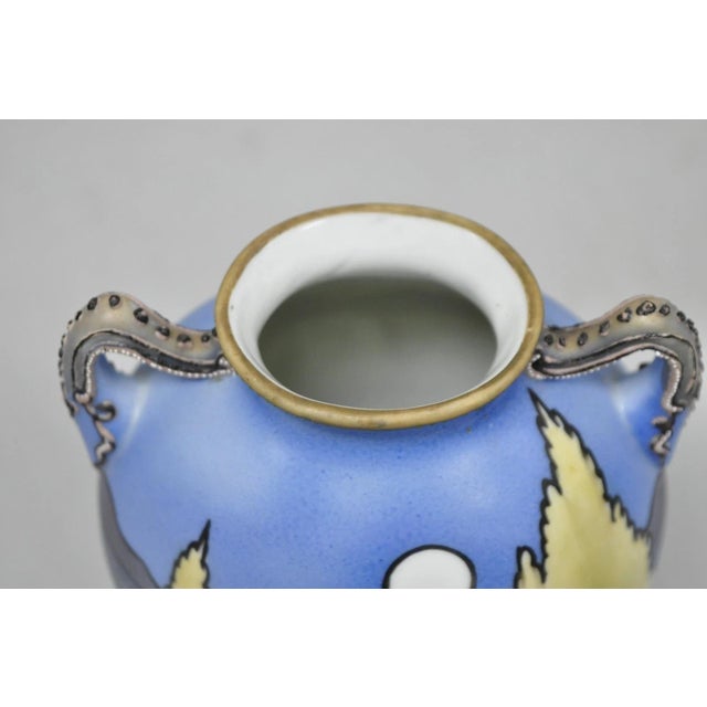 Early 20th Century Antique Hand Painted Blue Nippon Porcelain Halloween Pattern Twin Handle Vase For Sale - Image 5 of 14