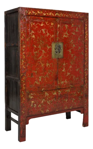 Antique Qing Dynasty Red Lacquer Cabinet with Gilt Decoration, 19th Century