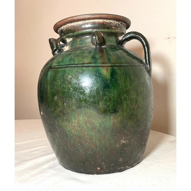 18th Century Antique Handmade Chinese 18th Century Pottery Terracotta Green Glaze Wine Jug For Sale - Image 5 of 12