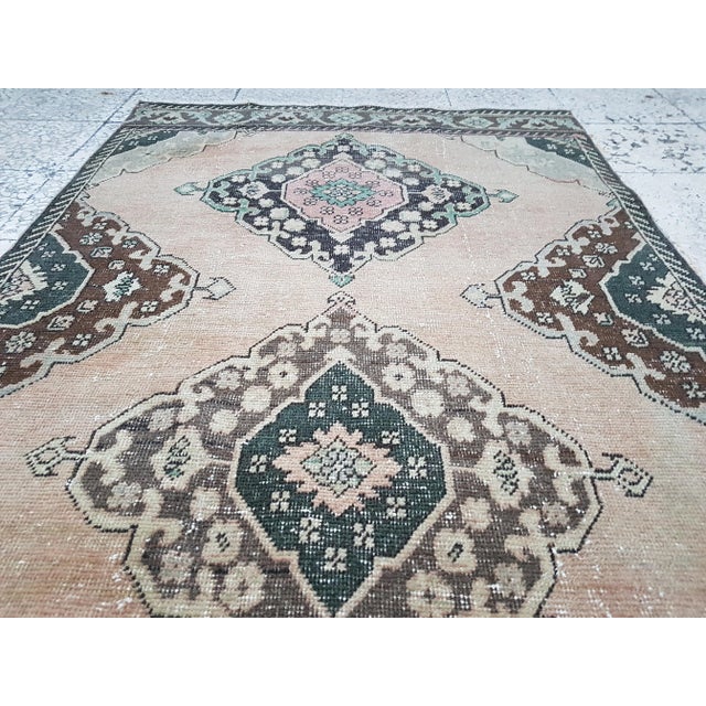 Tan 1970s Hand Knotted Vintage Turkish Anatolian Oushak Runner 3'8" X 12'8" For Sale - Image 8 of 12