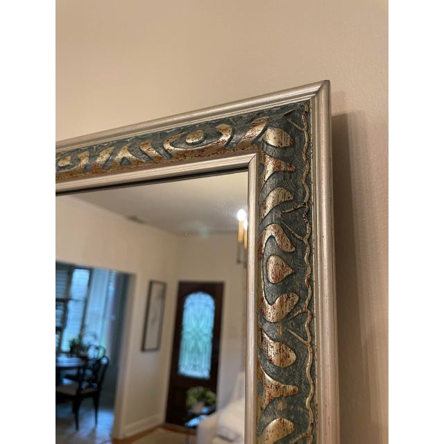 Traditional Silver Ornate Wall Mirror With Teal & Terra Cotta Underlay For Sale In Houston - Image 6 of 9