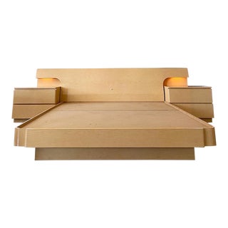 Postmodern Blonde Veneer Bed Frame with Built in Nightstands and Lights For Sale