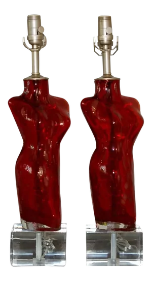 Murano Glass Female Nude Lamps Red Copper