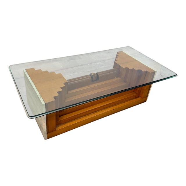 Italian Modernist Wood and Glass Coffee Table With Sculptural Base, 1970s by Giuseppe Rivadossi For Sale