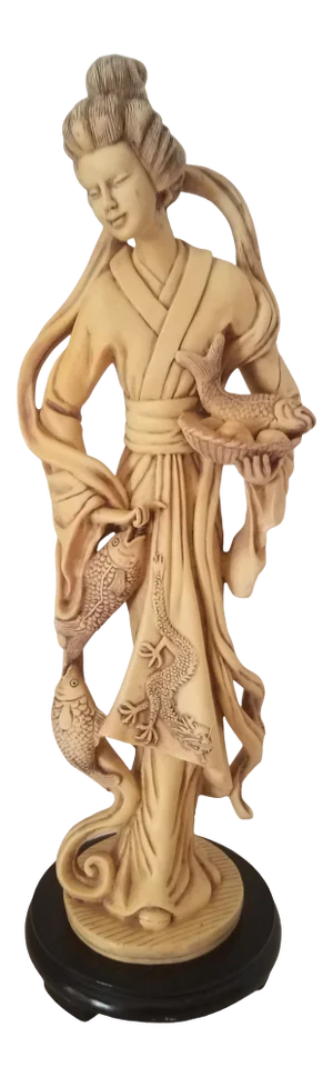 Vintage 1960s Asian Hand Carved Alabaster Figurine W/ Four Footed Resin Base, From Italy