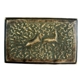 Antique Art Nouveau Repousse Brass Lidded Box 5.25"x3.25"x2.5" Wolf Deer Trinket For Sale
