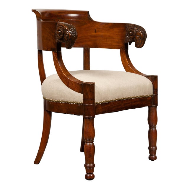 French 1830s Restauration Period Mahogany Armchair with Carved Rams' Heads For Sale
