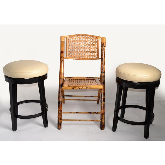 Pair, Vintage Swivel 24 Inch Kitchen Stools Black Wood Tan-Beige Faux Leather Seats For Sale - Image 10 of 16