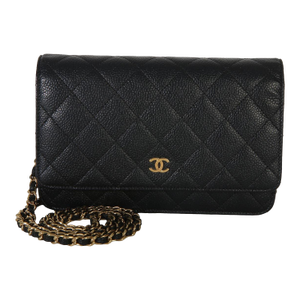 Black Quilted Caviar Classic Wallet On Chain