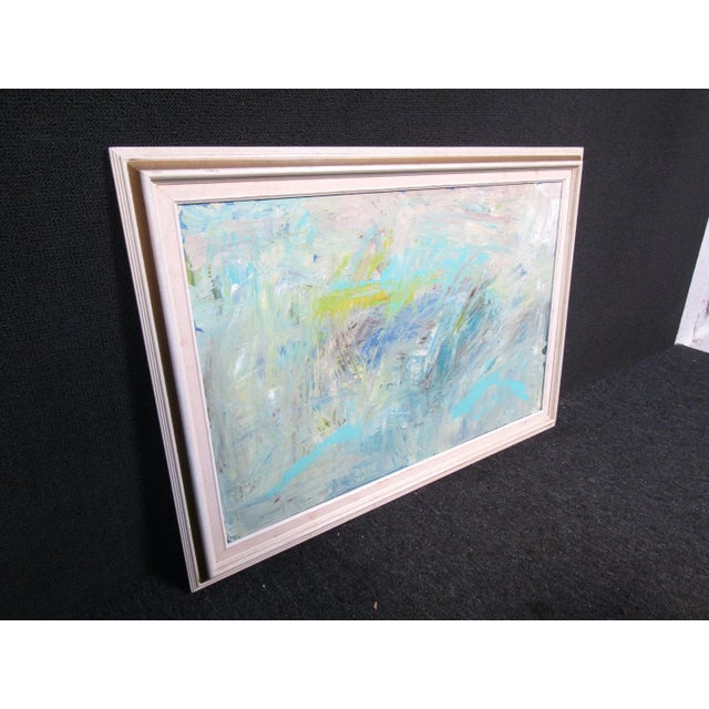 Bright and cheerful abstract canvas painting in a weathered white wood frame. Condition: Age appropriate wear, scratches,...