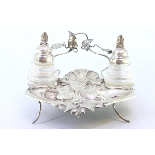 Silver and Glass Inkwell with Embossed Fish Figure and Acanthus Leaves For Sale - Image 6 of 7