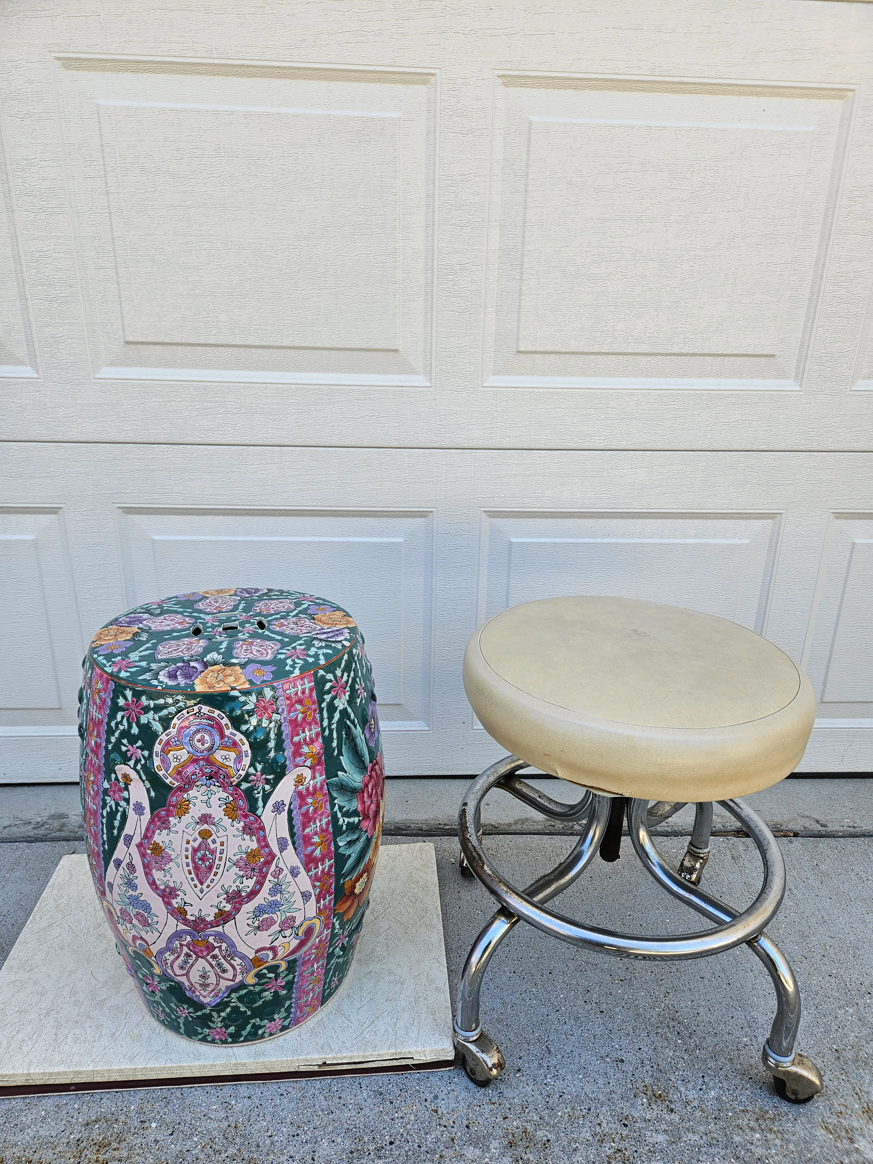 Teal Floral Chinoiserie Garden Stool | Chairish