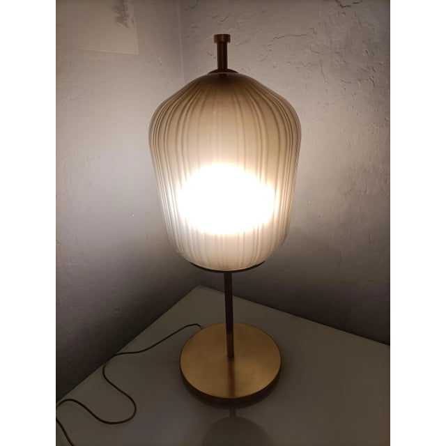 Large Satin Brass & Ribbed Milky Glass Floor Lamp For Sale - Image 6 of 8
