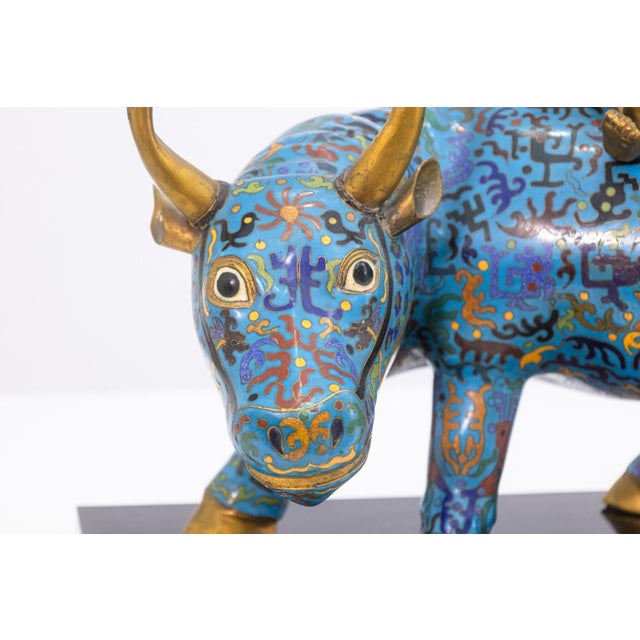 Chinese Vintage Chinese Cloisonne Bull Sculpture With Sitting Figure - Asian Collectables For Sale - Image 3 of 6