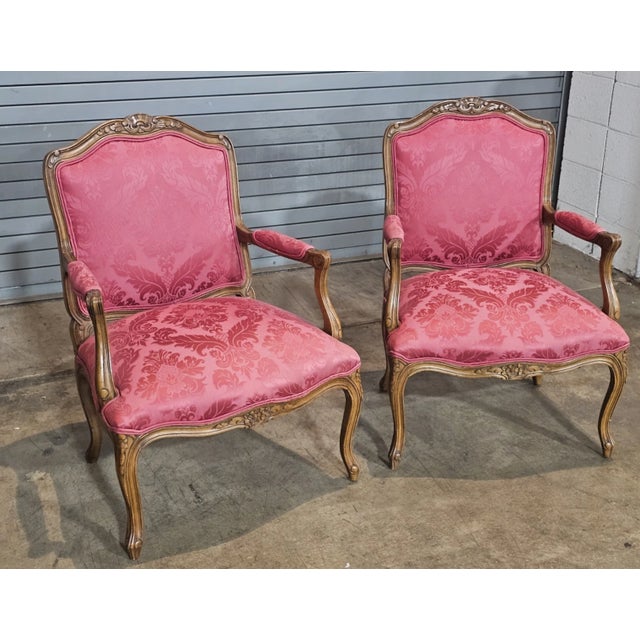 French Provincial Pair of Late 20th Century Provincial French Country Walnut Carved Arm Chairs Rose Silk Damask Fabric For Sale - Image 3 of 13