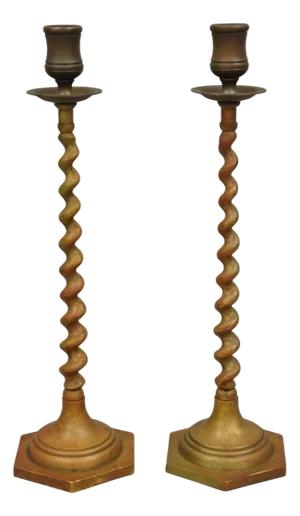 Vintage English Regency Small Patinated Bronze Barley Twist Candlesticks- a Pair