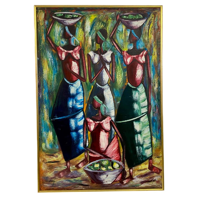 Women Carrying Baskets, 1970s, Oil on Canvas, Framed For Sale