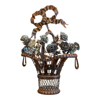 French Wrought Iron 19th Century Rose Basket Ornament with Gray Painted Accents For Sale