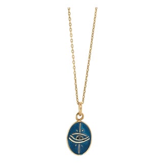 Blue Enamel Evil Eye Minimalist Gold Protective Necklace For Sale