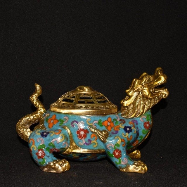 Chinese Vintage Cloisonné Enamel Gilt Bronze Dragon Turtle Censer Incense Burner With Bagua Lid For Sale - Image 3 of 9