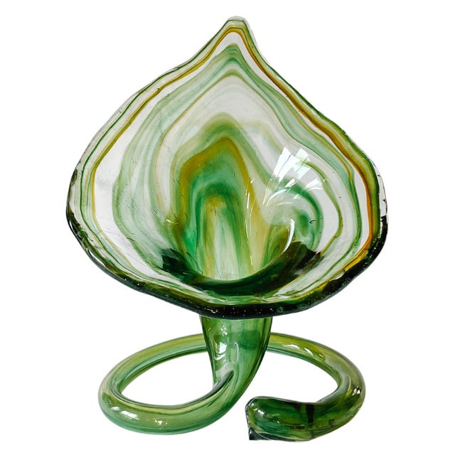 Glass 1970s Art Deco Style Hand-Blown Green Swirl Calla Lily Vases - a Pair For Sale - Image 7 of 12