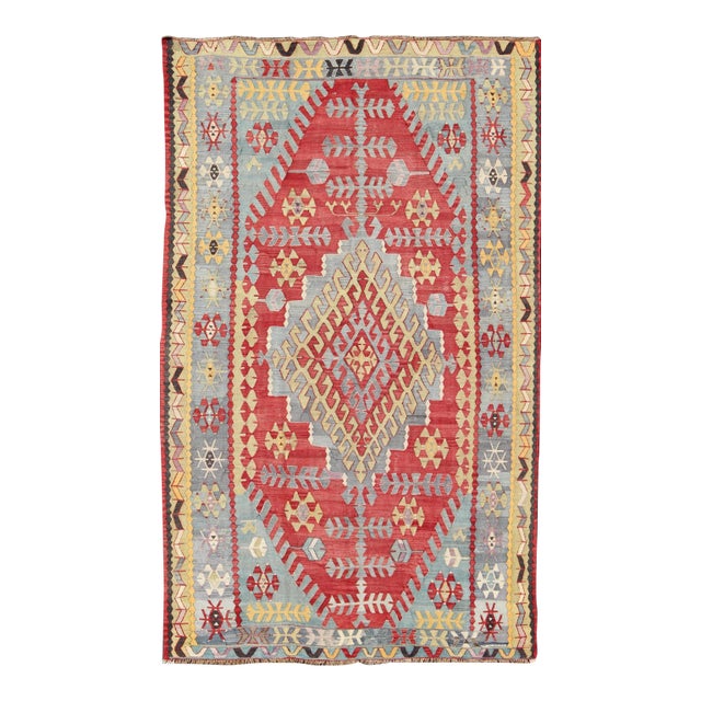 Vintage Turkish Kilim Flat-Weave Rug With Geometric Design in Red, Yellow, Green For Sale
