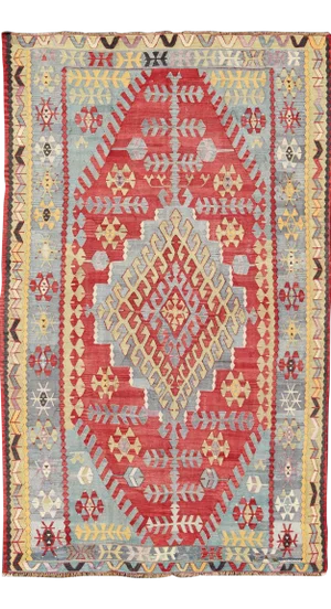 Vintage Turkish Kilim Flat-Weave Rug With Geometric Design in Red, Yellow, Green