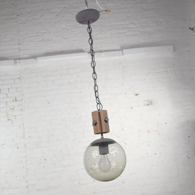 Wood Mid Century Modern Nos Wood & Smoked Glass Globe Pendant Light Black Chain For Sale - Image 7 of 13