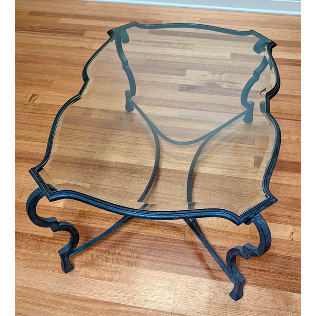 Traditional Hand Forged Iron Scroll Leg Cocktail Table With Beveled Glass Top For Sale - Image 3 of 6