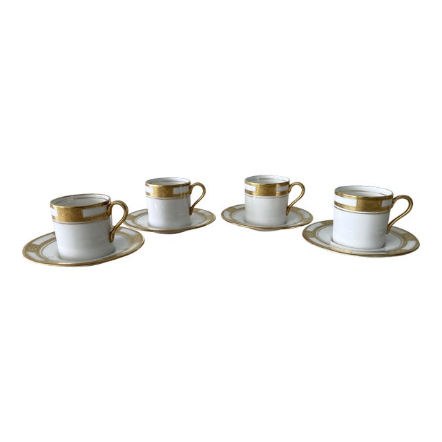 Vintage Aynsley Empress Gold Embossed Trim Demitasse Cup & Saucer Set, England- 8 Pieces For Sale