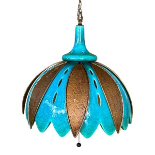 Mid-Century Modern Teal Glazed Pottery and Copper Metal Chandelier For Sale