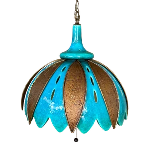 Mid-Century Modern Teal Glazed Pottery and Copper Metal Chandelier