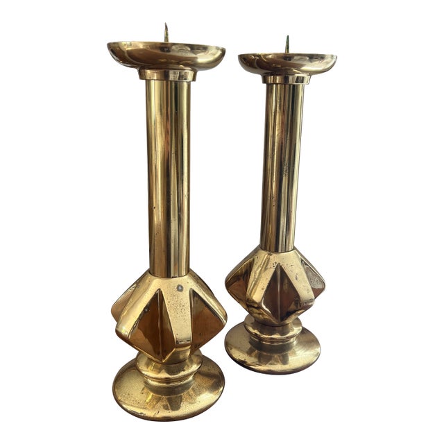 Modernist Mid Century Sculptural Solid Brass Candle Pricks- A Pair For Sale